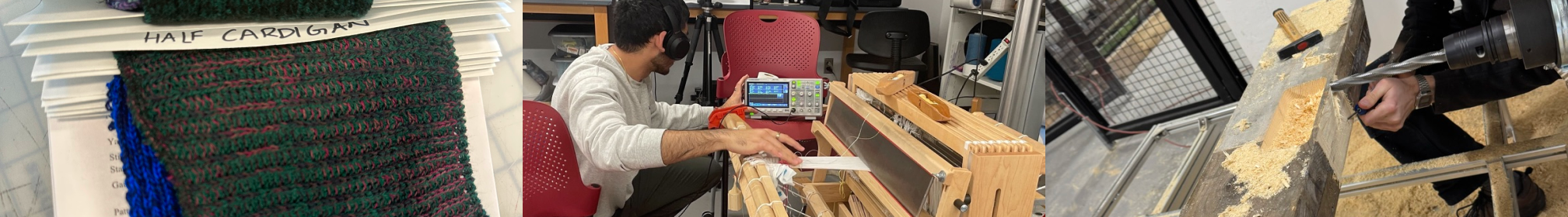 Figure 3: Artifacts from learning knitting, weaving, and robotic timber fabrication with expert craftspeople.
